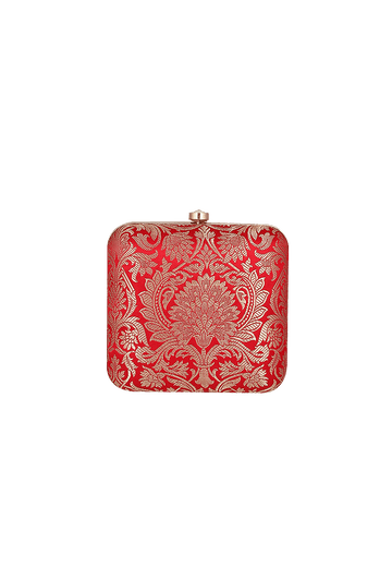 Garnet Red Brocade Box Clutch with Sling (6.5 X 2 X 6)
